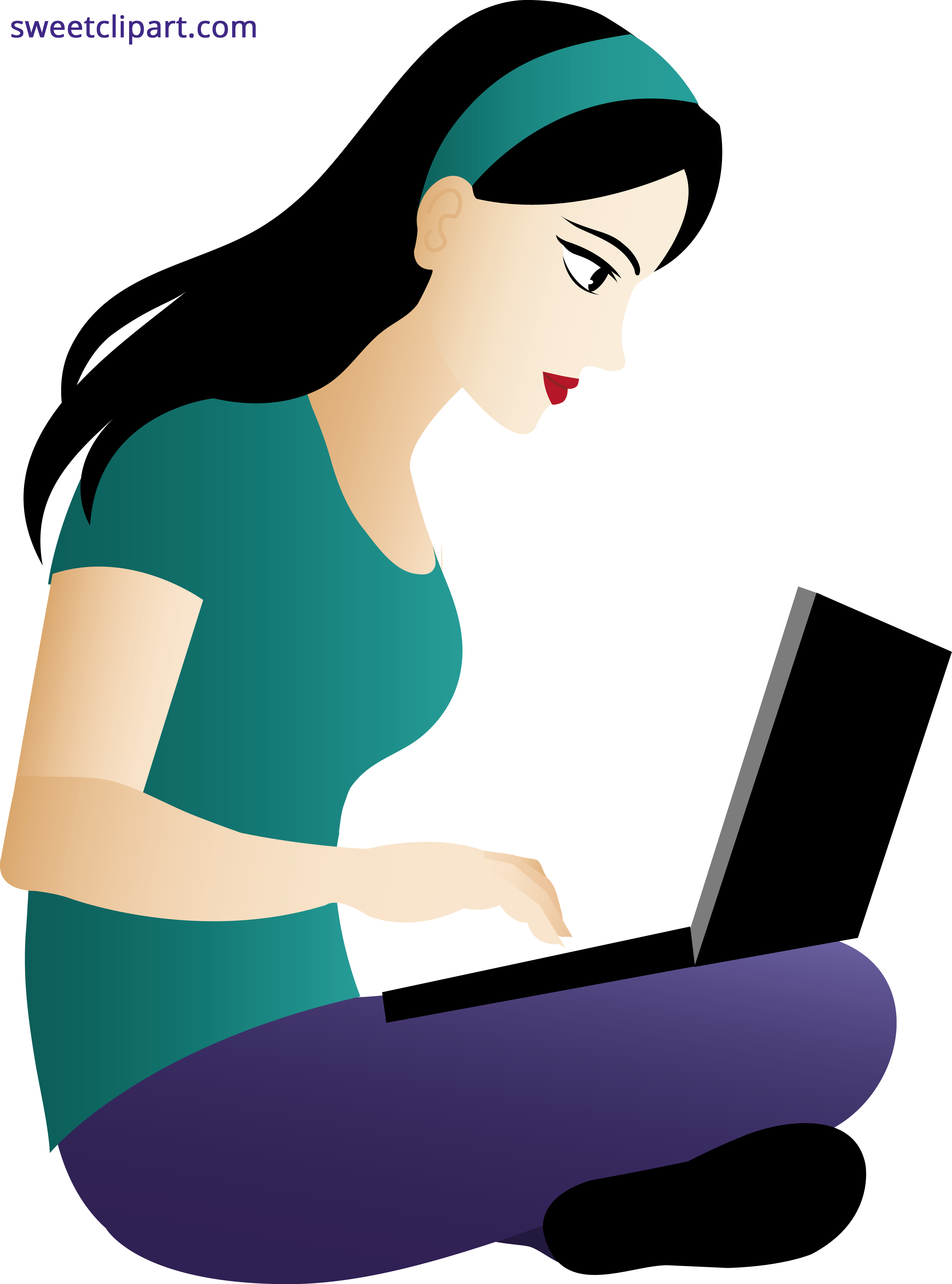 A focused woman with dark hair and a teal headband types on a laptop while seated on a purple couch.