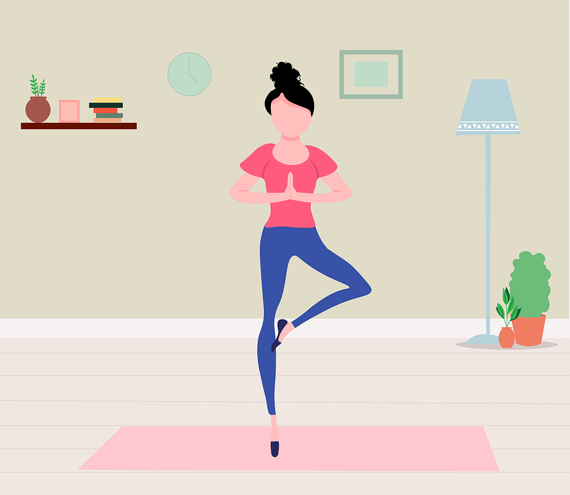 Woman practicing tree pose yoga on pink mat in a calm, minimalist room with plants and decor.