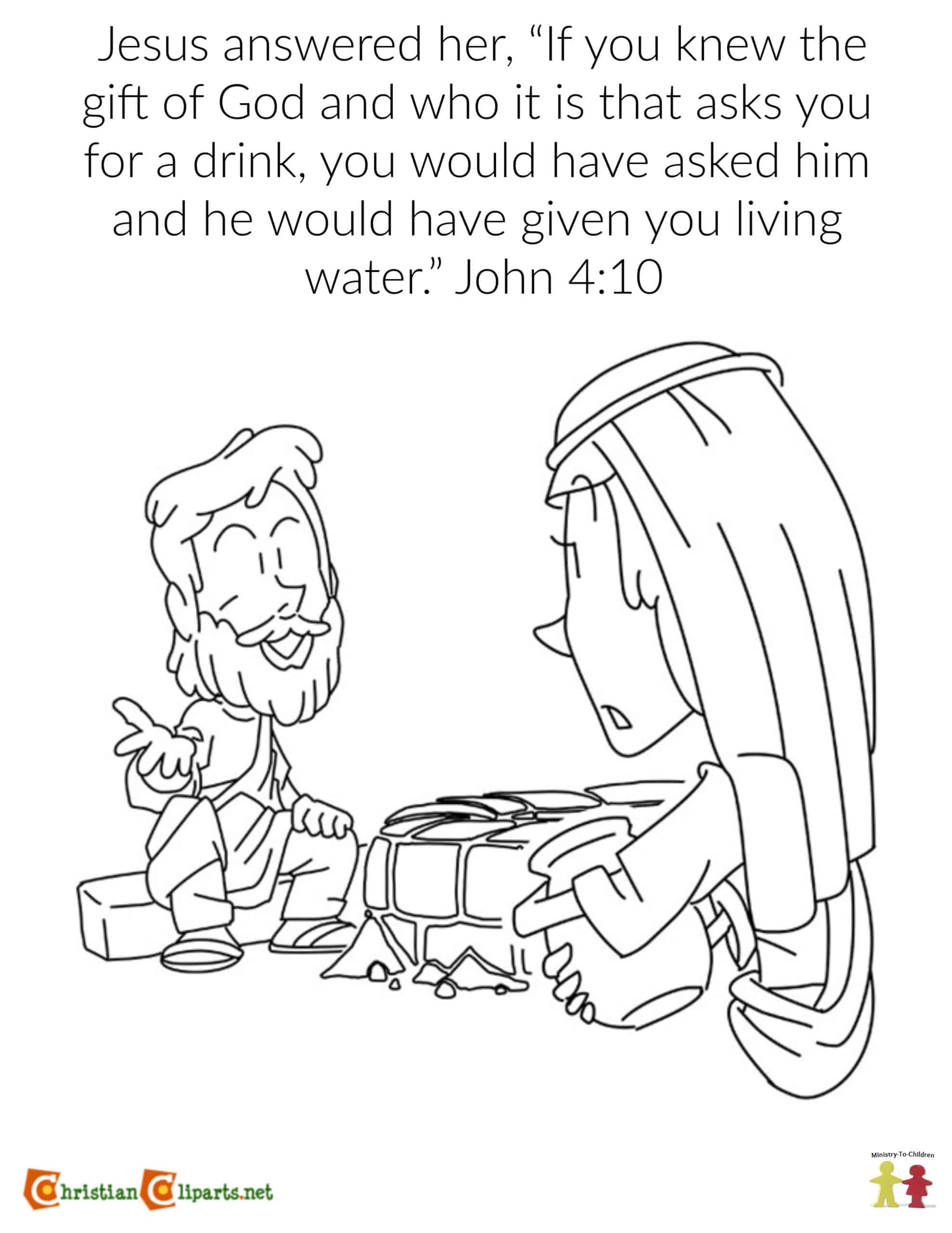 Jesus speaking to the Samaritan woman at the well, line-art coloring page with John 4:10 quote.