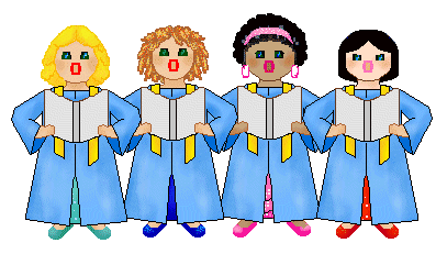 Four diverse cartoon girls in matching blue robes with yellow sashes, standing side by side with hands on hips.