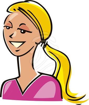 Smiling cartoon woman with blonde ponytail wearing pink top, stylized illustration.