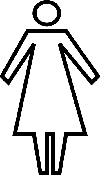 White female restroom symbol on black background - stylized figure with circle head, dress-shaped torso, and two legs.