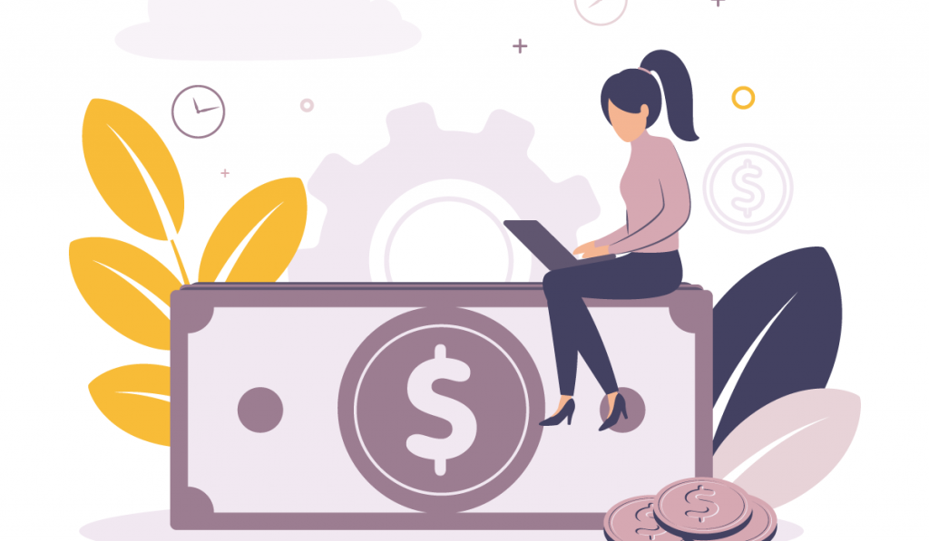Woman working on laptop atop a giant dollar bill with coins, gears, and leaves symbolizing finance, productivity, and growth.