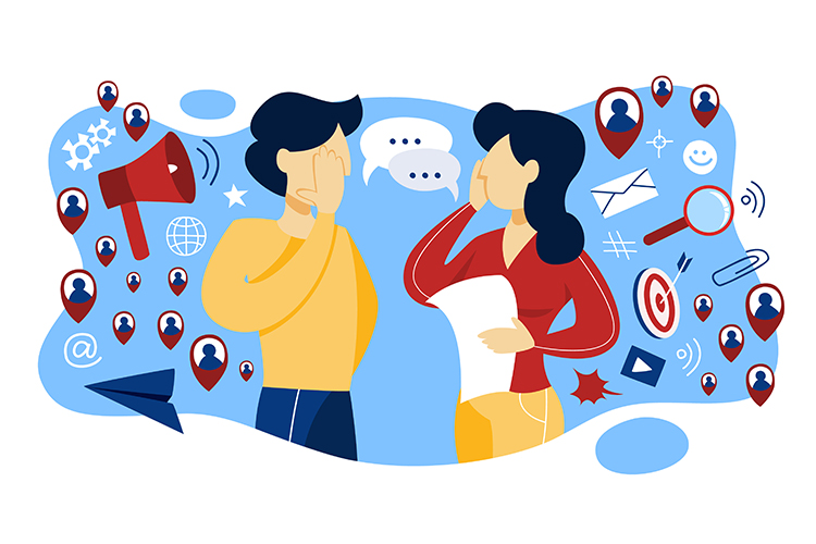 Two people communicating amid digital marketing icons like megaphone, email, target, and user profiles.