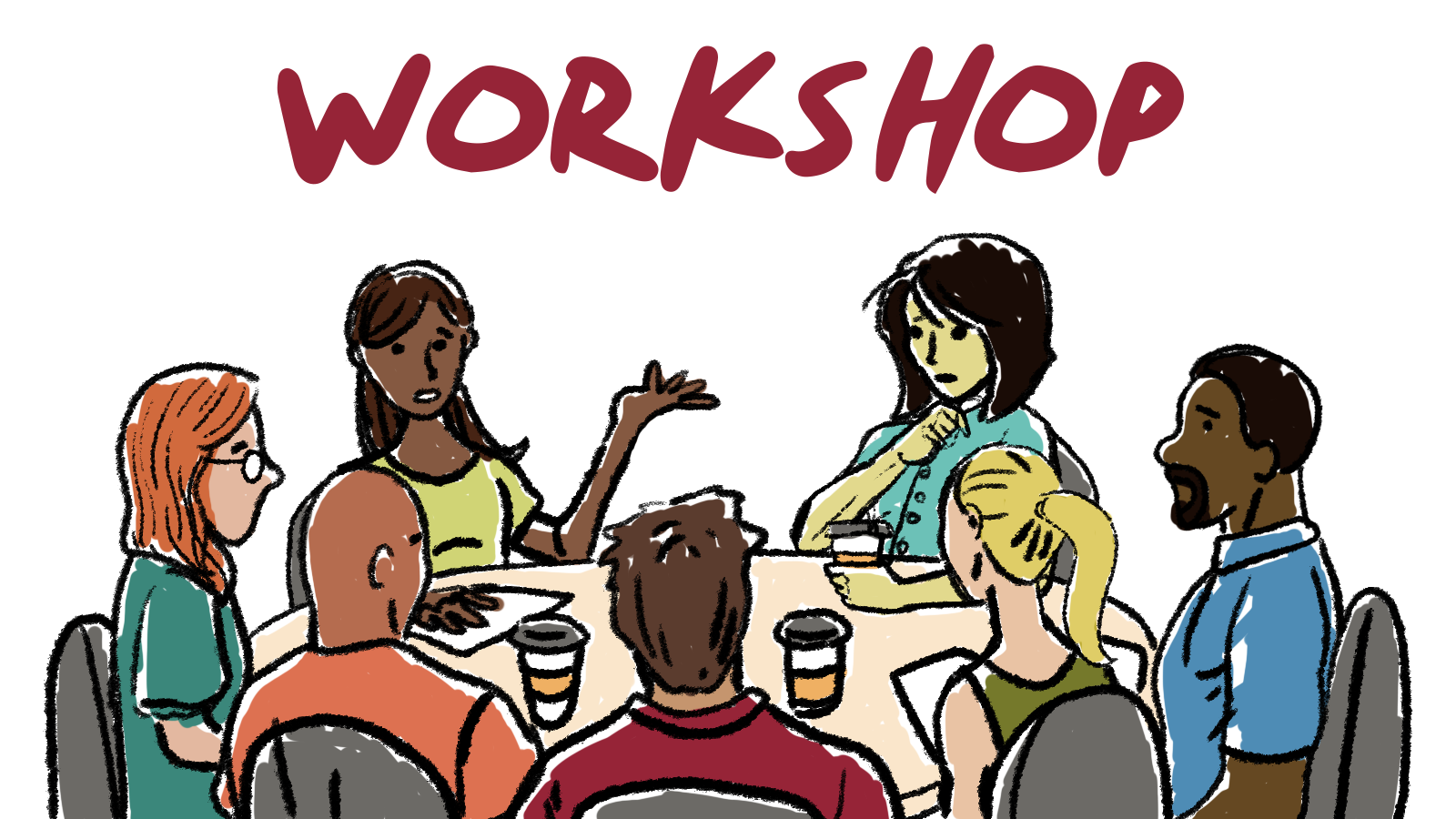 Diverse group of people collaborating around a table in a workshop setting, with coffee cups and papers visible.