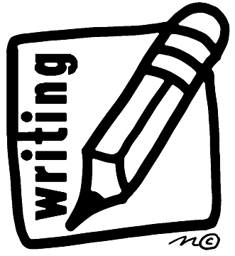 A black-and-white line drawing of a pencil resting diagonally on a sheet of paper with the word "writing" printed vertically.