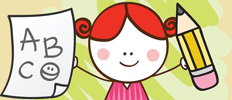 A cheerful cartoon girl with red pigtails holds a pencil and a paper with ABC and a smiley face.