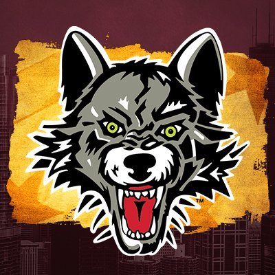 Fierce gray wolf mascot with glowing green eyes and bared teeth, set against a gritty urban backdrop with orange-yellow texture.