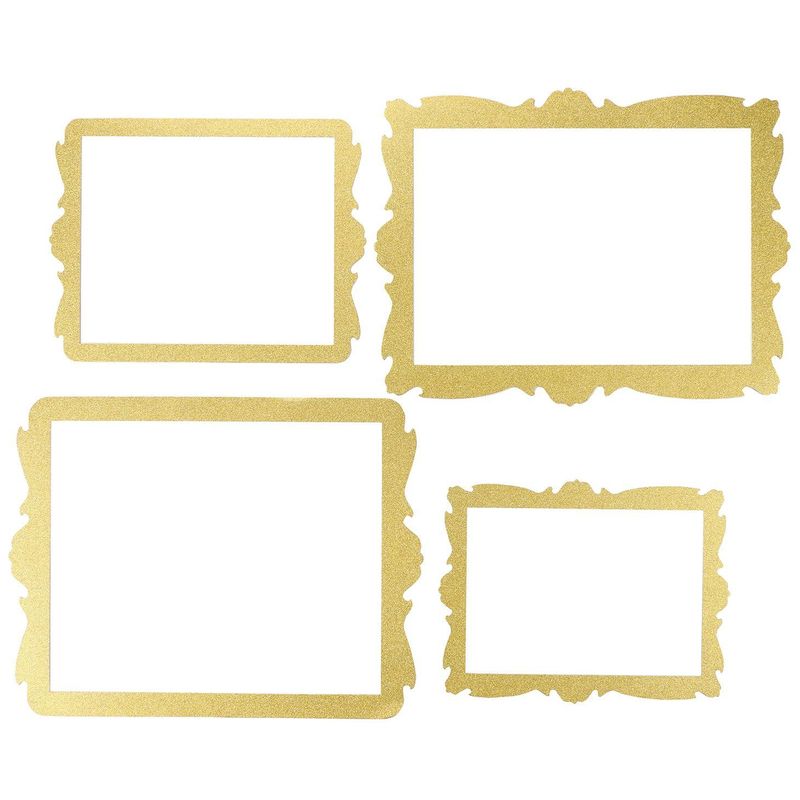 Four ornate gold glitter photo frames in varying sizes on white background.