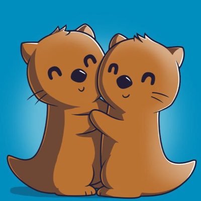 Two cute cartoon otters hugging warmly against a bright blue background.