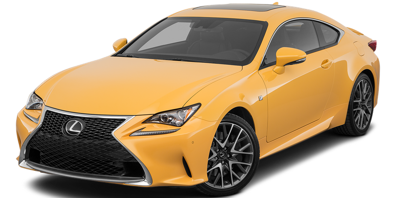 Vibrant yellow 2016 Lexus RC coupe with spindle grille, LED headlights, and multi-spoke alloy wheels on white background.