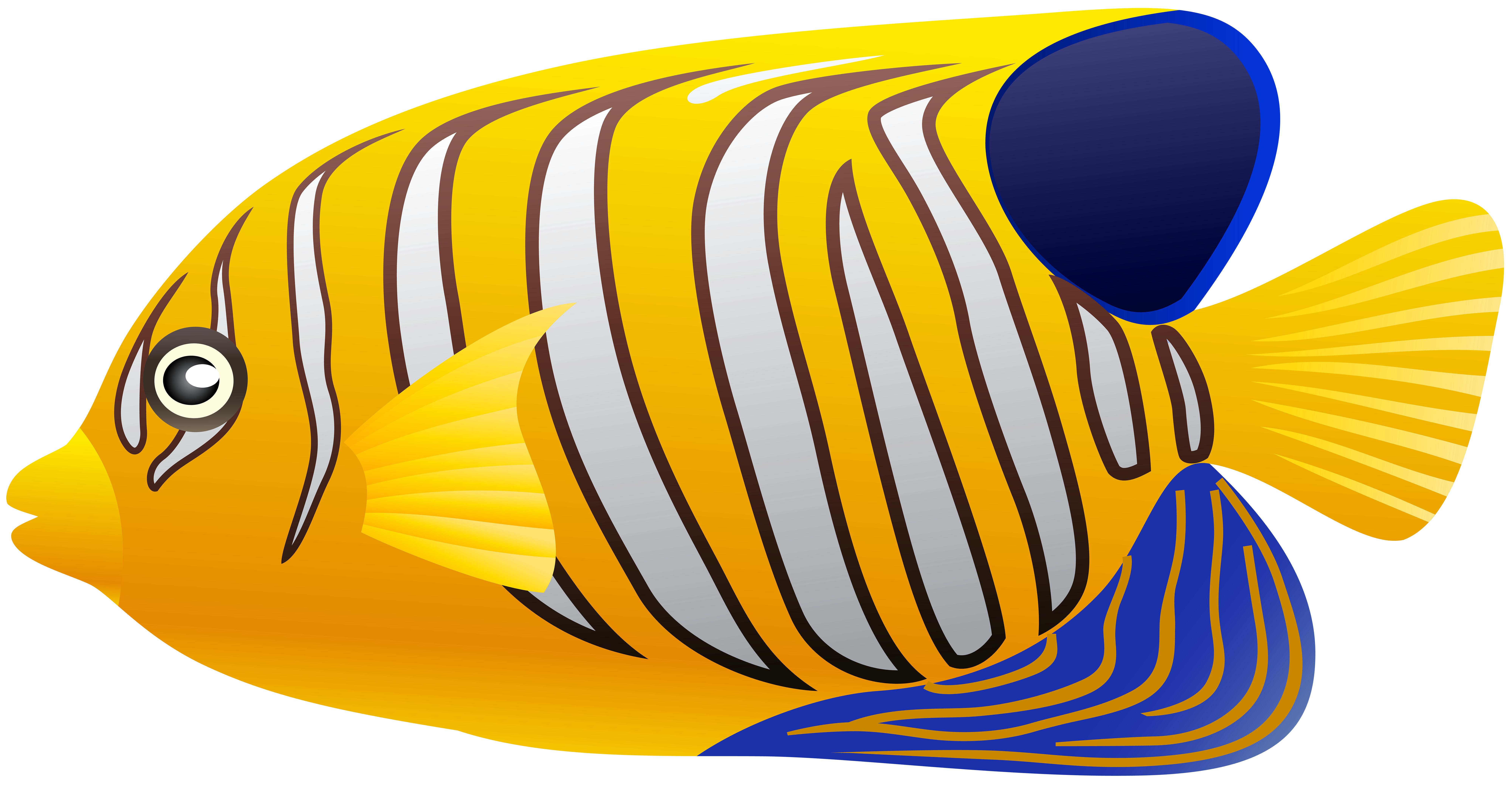 Stylized yellow and white striped fish with blue fins and eye, swimming against a vibrant yellow background.