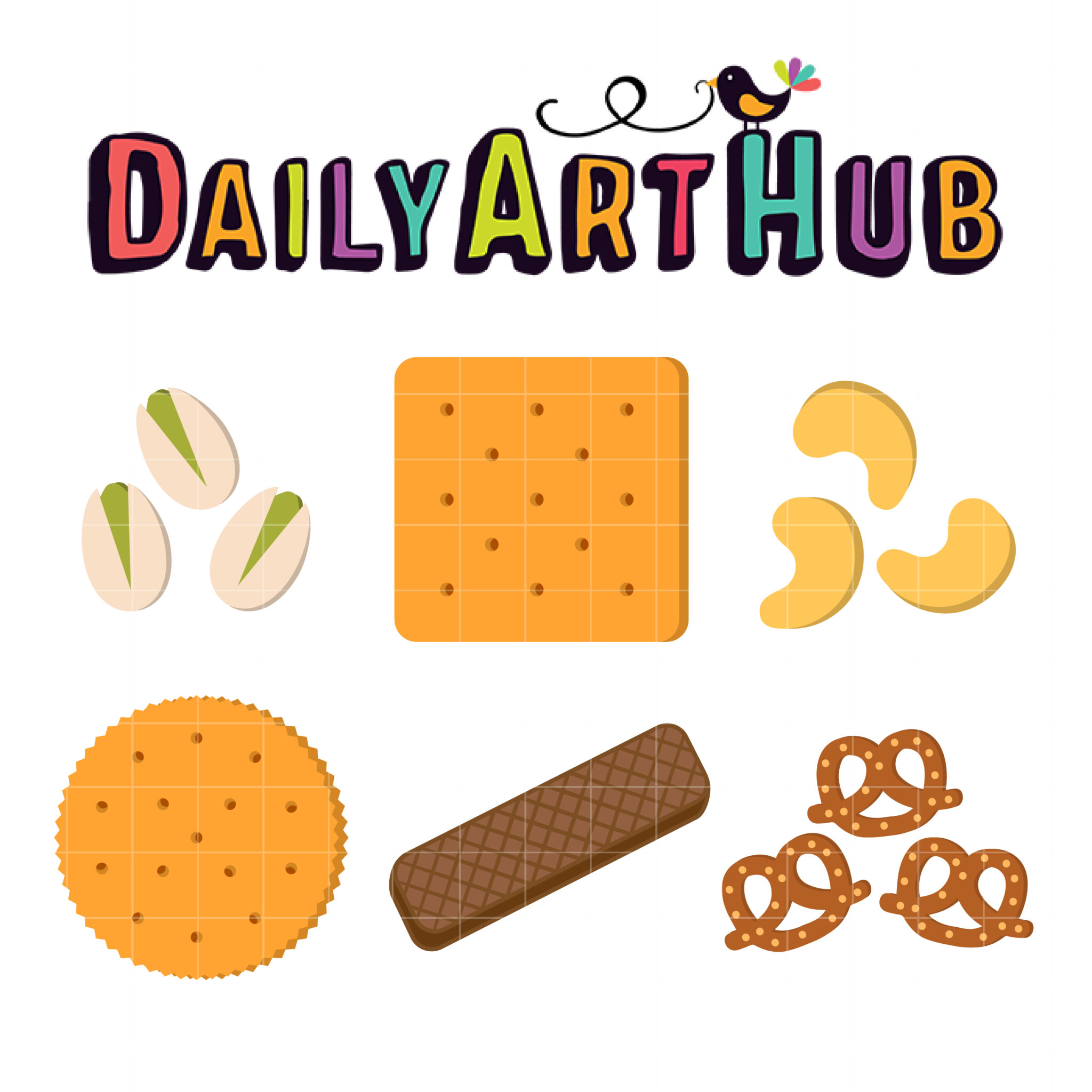 Colorful snack illustrations including crackers, pistachios, cashews, pretzels, and chocolate wafer under "DailyArtHub" logo with bird.