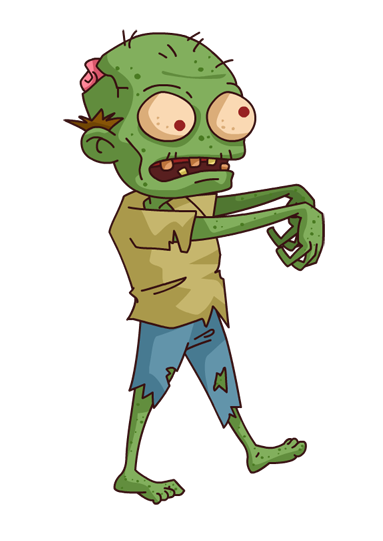 Cartoon green zombie with bulging eyes, torn clothes, and outstretched arms walking forward.