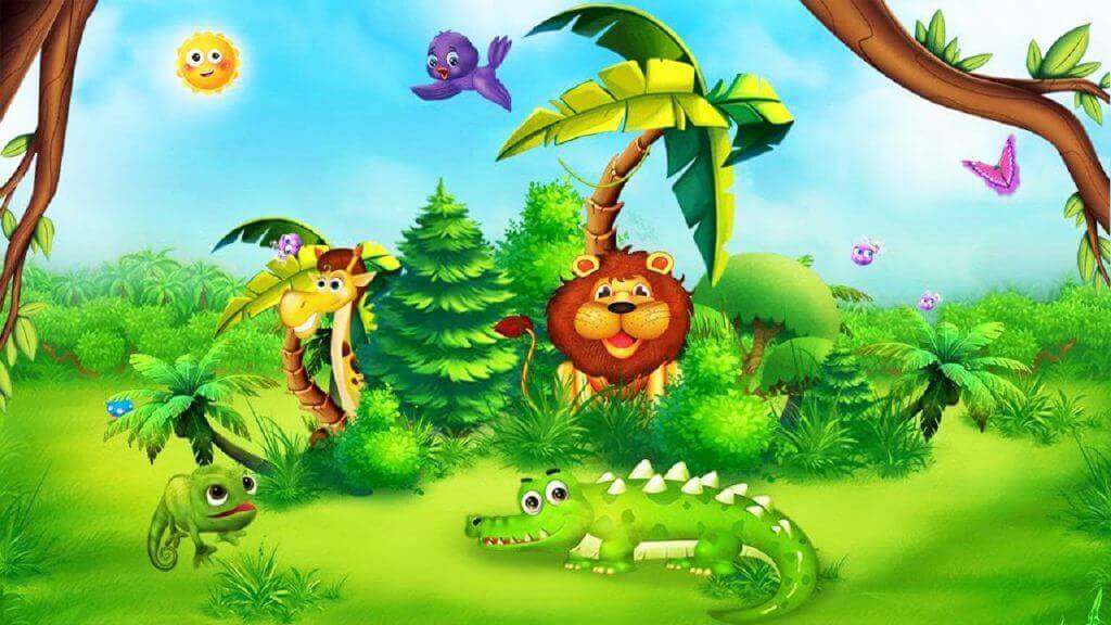 Cheerful cartoon jungle scene with lion, giraffe, crocodile, chameleon, bird, butterfly, and smiling sun among lush greenery.