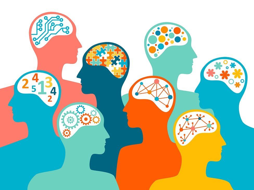 Colorful silhouettes of people with diverse brain icons symbolizing varied thinking styles and cognitive processes.