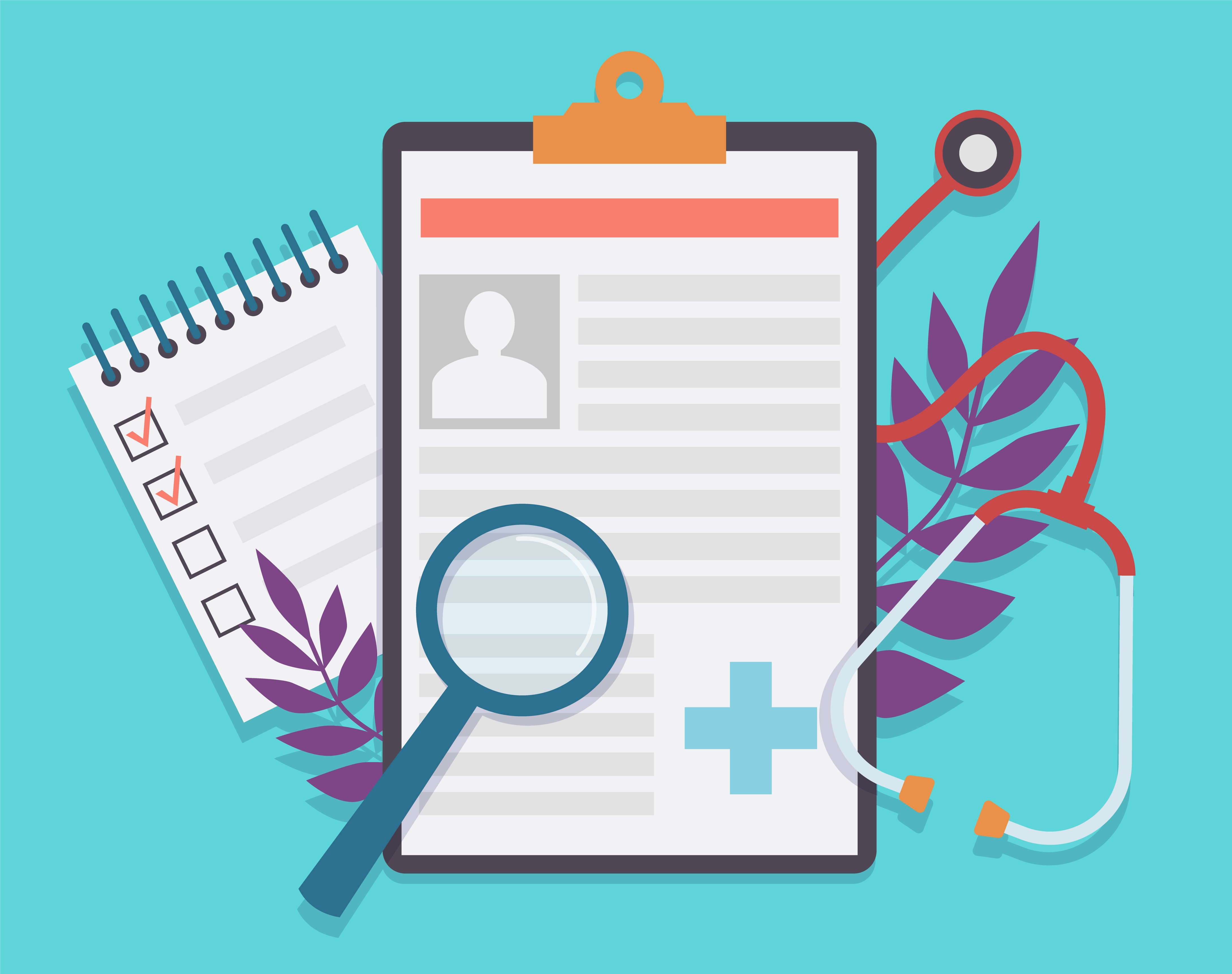 Medical clipboard with patient form, stethoscope, magnifying glass, checklist, and laurel leaves on teal background.