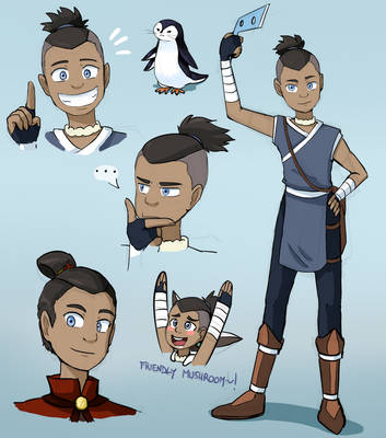 Animated character sheet of a young Black woman with topknot hairstyle, various expressions, penguin companion, and warrior outfit.