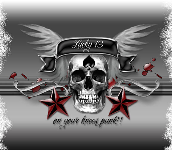 A stylized skull with wings, spade symbol, red stars, and "Lucky 13" banner with blood splatters and punk slogan.