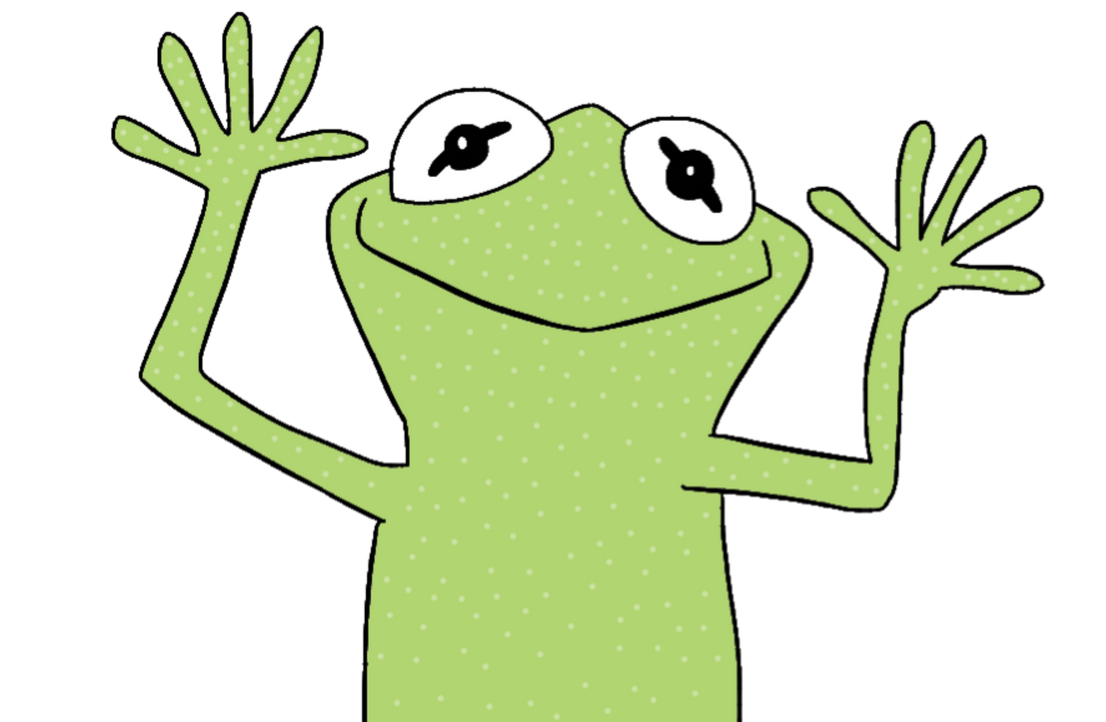 Cheerful green spotted frog with wide eyes and raised hands waving happily against black background.