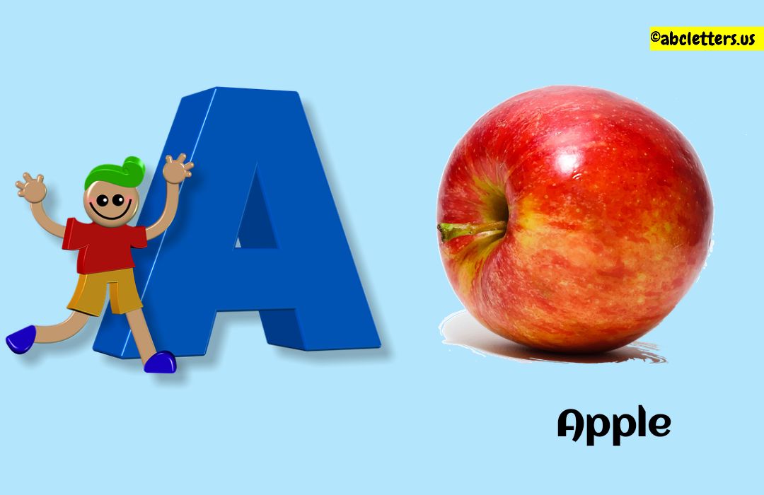 Blue uppercase letter A with cartoon child and red apple labeled "Apple"
