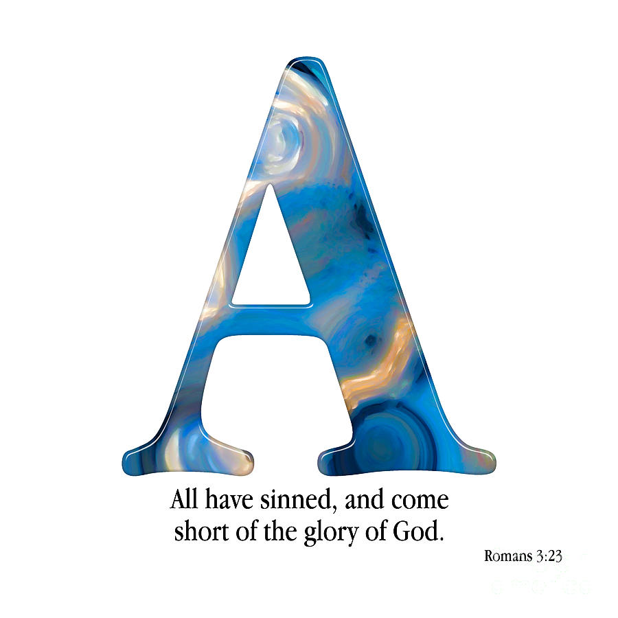 A stylized blue and gold marbled letter "A" with Romans 3:23 quote below.