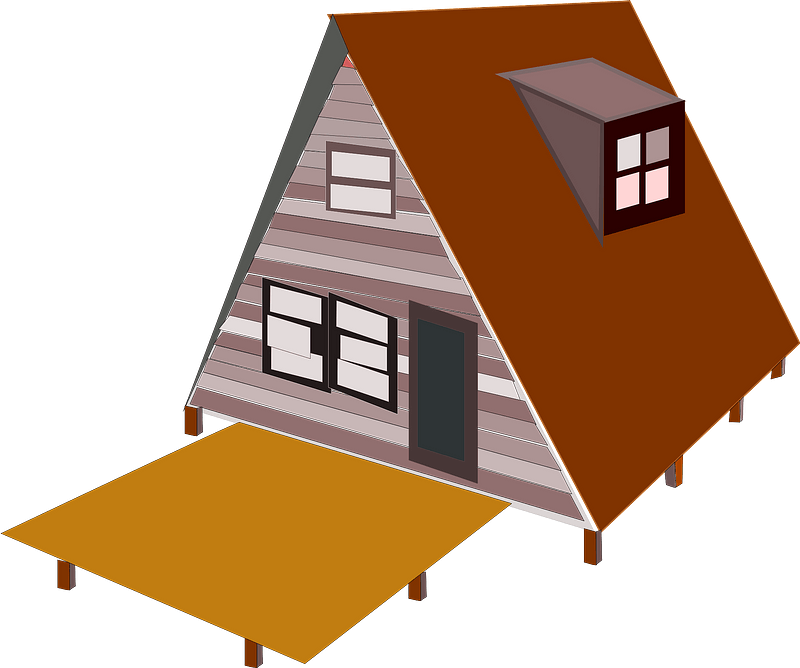 A-frame wooden cabin with brown roof, dormer window, front deck, and striped siding on stilts.