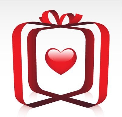 Red gift box with ribbon and heart symbol, representing love and gifting.