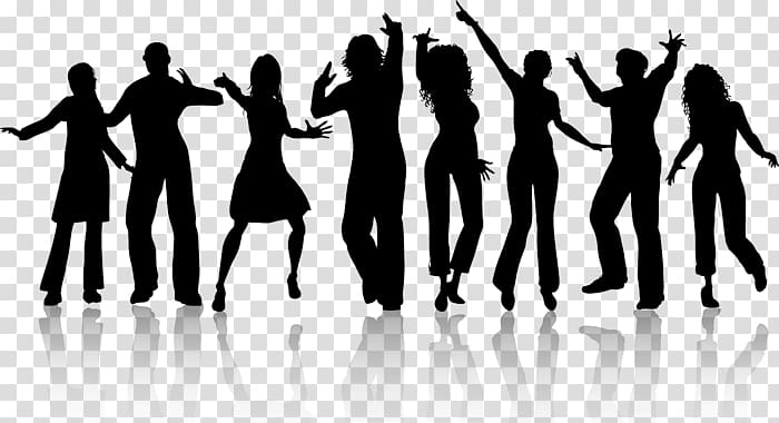 Silhouettes of eight people dancing joyfully in various dynamic poses with reflections on a glossy floor.