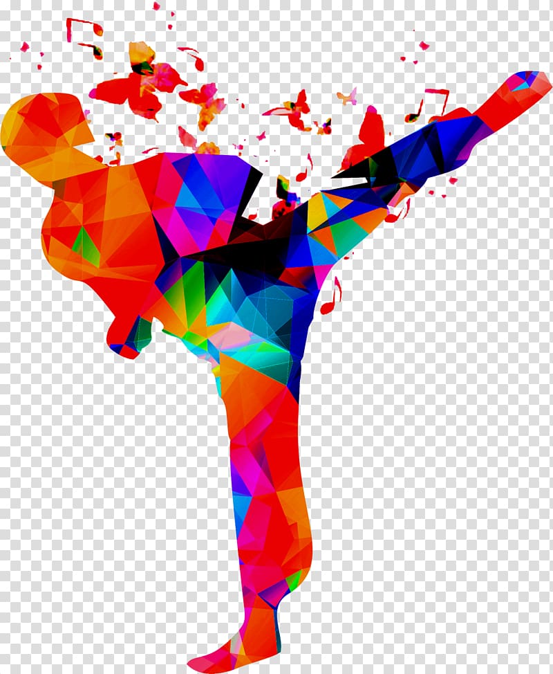 Vibrant low-poly silhouette of a martial artist mid-kick with musical notes and colorful fragments exploding outward.