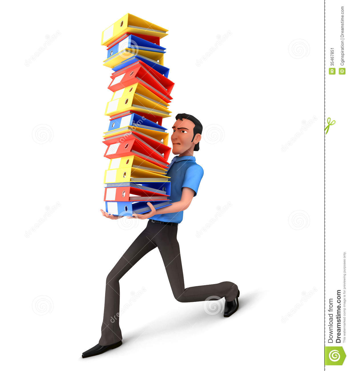 Stressed office worker struggling to carry a towering stack of colorful file folders.