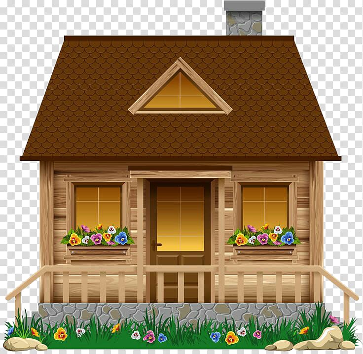 Charming wooden cabin with brown shingle roof, flower boxes, stone foundation, and warm glowing windows.