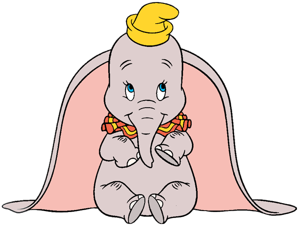 Dumbo the baby elephant sitting with large ears, wearing a yellow hat and red scarf.