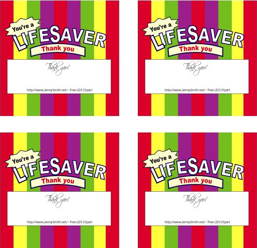 Four colorful "You're a Lifesaver" thank-you cards with striped backgrounds and blank message areas.