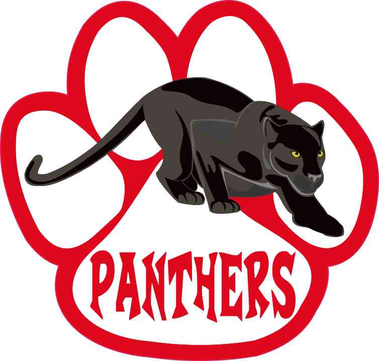 Black panther crouching inside a red paw print with "PANTHERS" text below.
