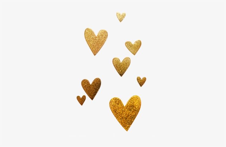 Golden glitter hearts floating on white background, varying in size and sparkle intensity.