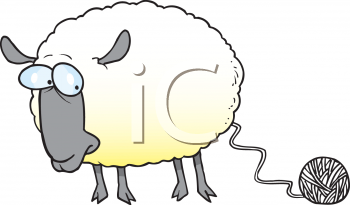 Cartoon sheep with large woolly body, blue eyes, and a trailing ball of yarn.
