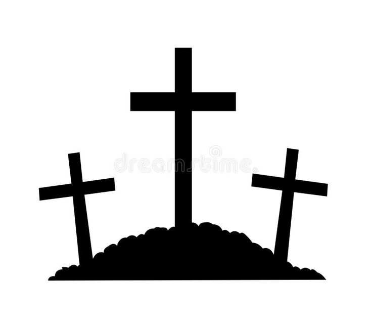Silhouette of three crosses on a mound, central cross taller-symbolizing Calvary and the crucifixion of Jesus with two thieves.