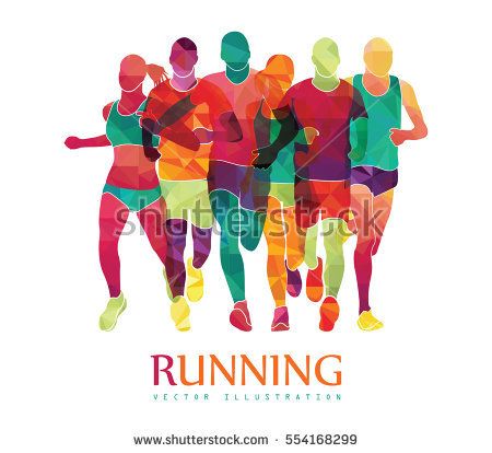 Colorful vector illustration of six runners in motion, stylized with geometric shapes and vibrant hues.