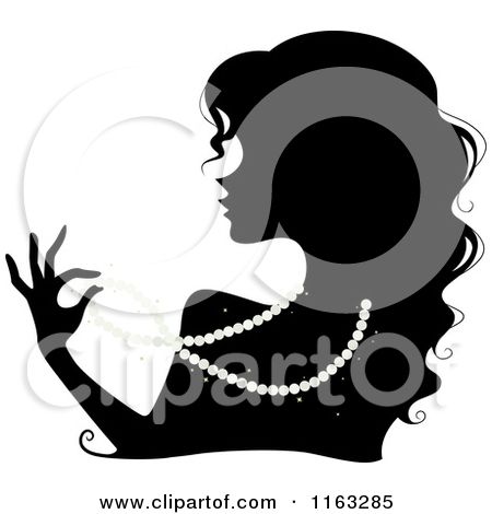 Silhouette of a woman in profile holding a pearl necklace, elegant vintage style with flowing hair and ornate details.