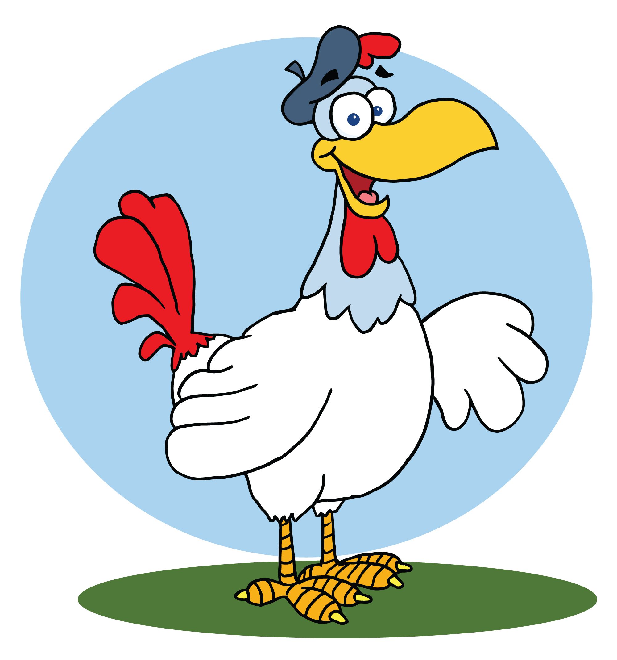 Cheerful cartoon rooster wearing a beret, standing on grass with red comb and wattle, waving wing.