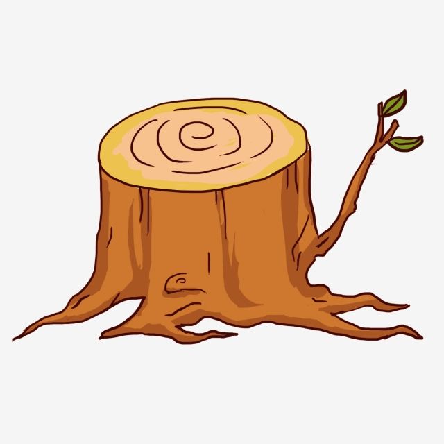 A cartoon tree stump with visible growth rings and a small green sprout emerging from its side.