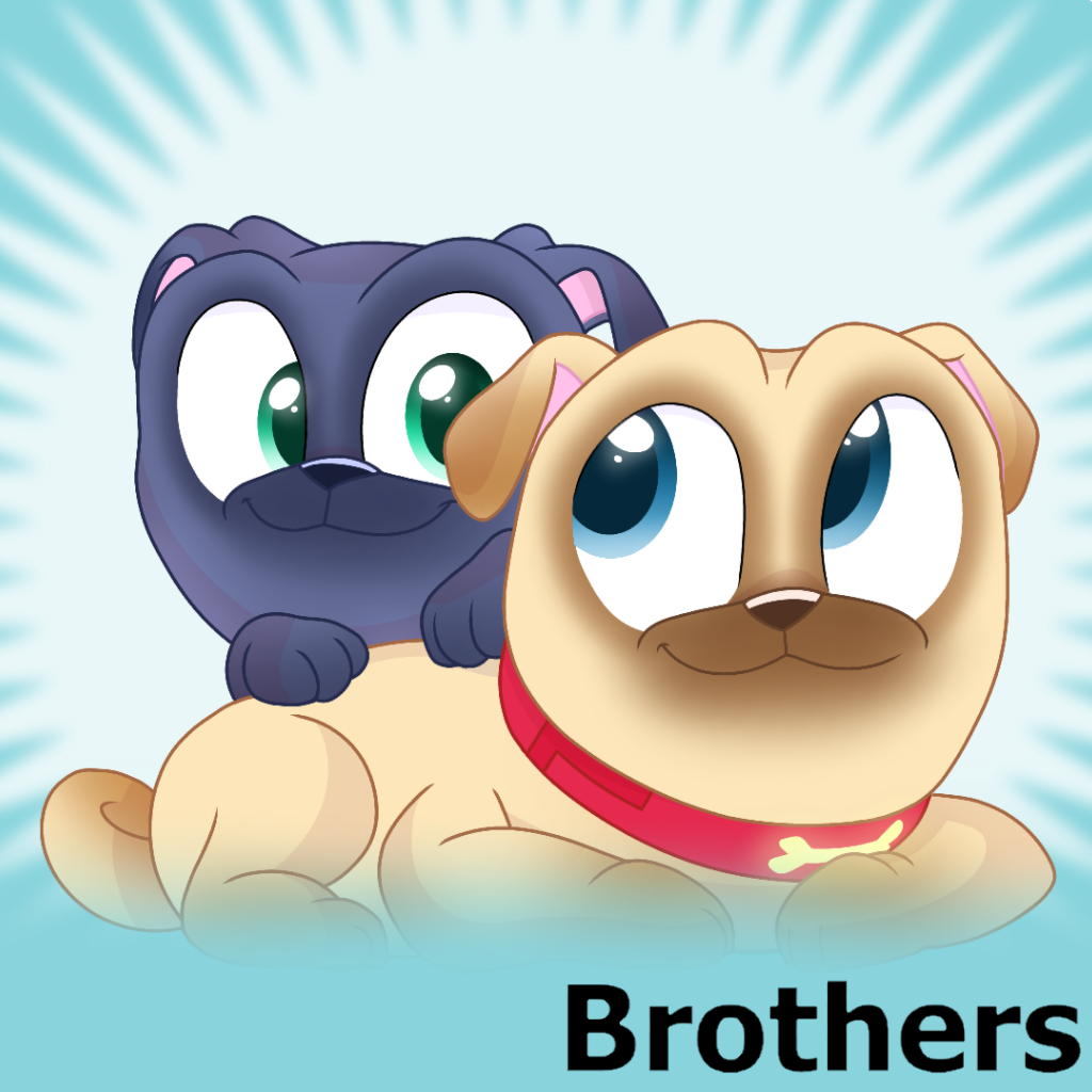Two cartoon pug brothers-one tan with blue eyes and red collar, one black with green eyes-cuddling against a radiant blue background.