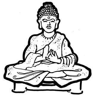 Line drawing of a seated Buddha in meditation, with ushnisha, urna, and dharmachakra mudra.
