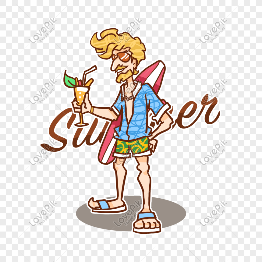 Cartoon man with surfboard, sunglasses, and tropical drink, standing beside "Summer" text.