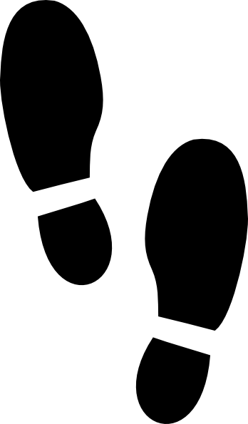 Two black human footprints in silhouette on a white background, left and right steps in walking motion.