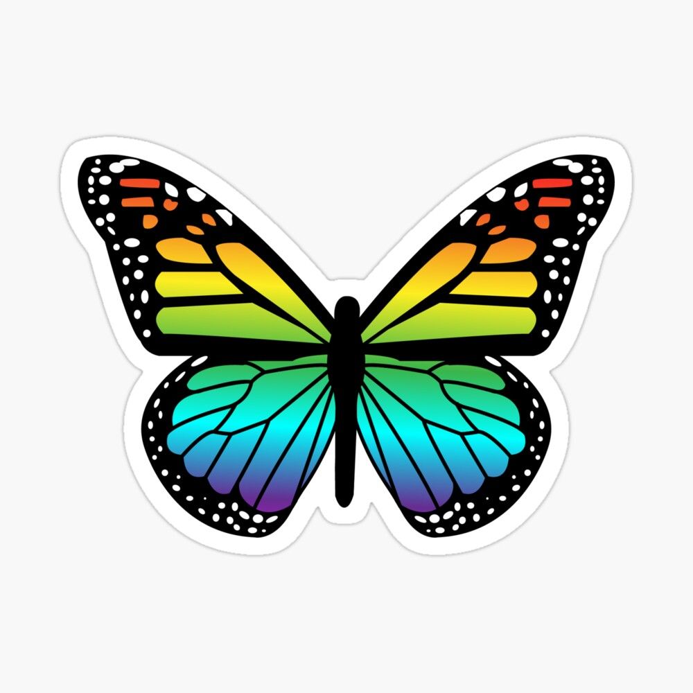 Rainbow-colored butterfly sticker with black outline and white polka dots on wings.