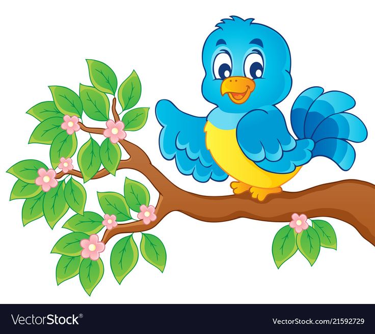 Cheerful blue cartoon bird with yellow belly perched on a blossoming tree branch.