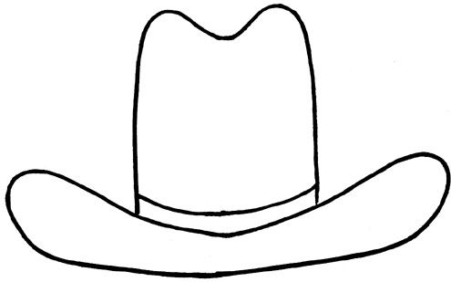 Simple black-and-white line drawing of a classic cowboy hat with wide brim and indented crown.
