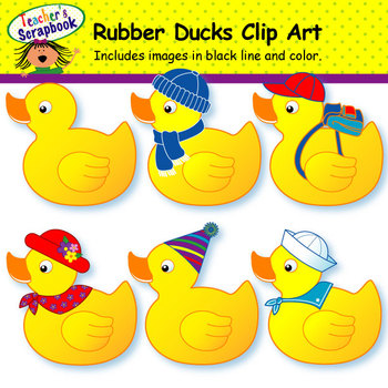 Six colorful rubber duck clip art characters wearing hats and scarves; includes black line and color versions.
